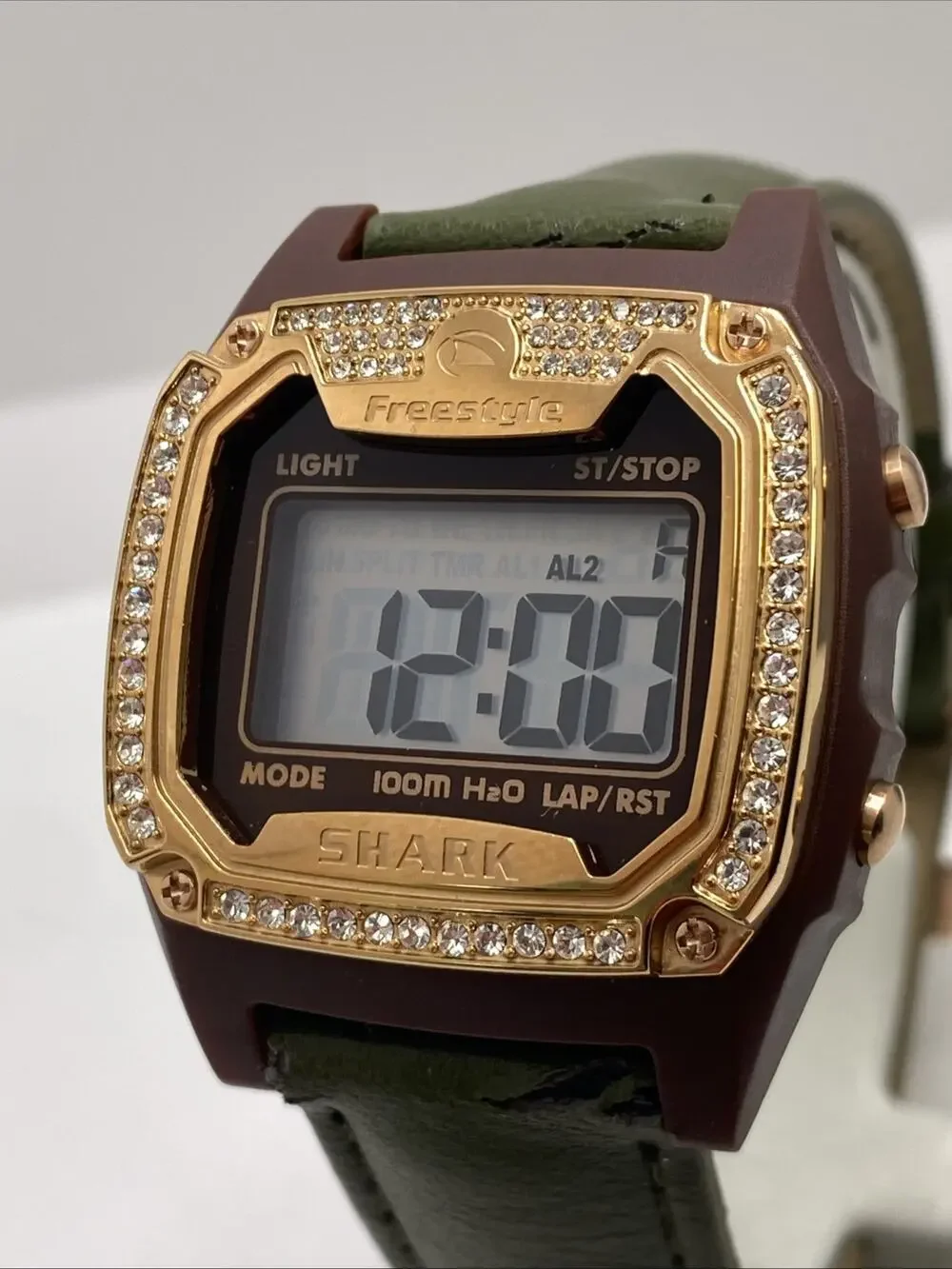 Freestyle Shark Rosegold Rhinestone Green Band Surfing Summer Watch New Battery